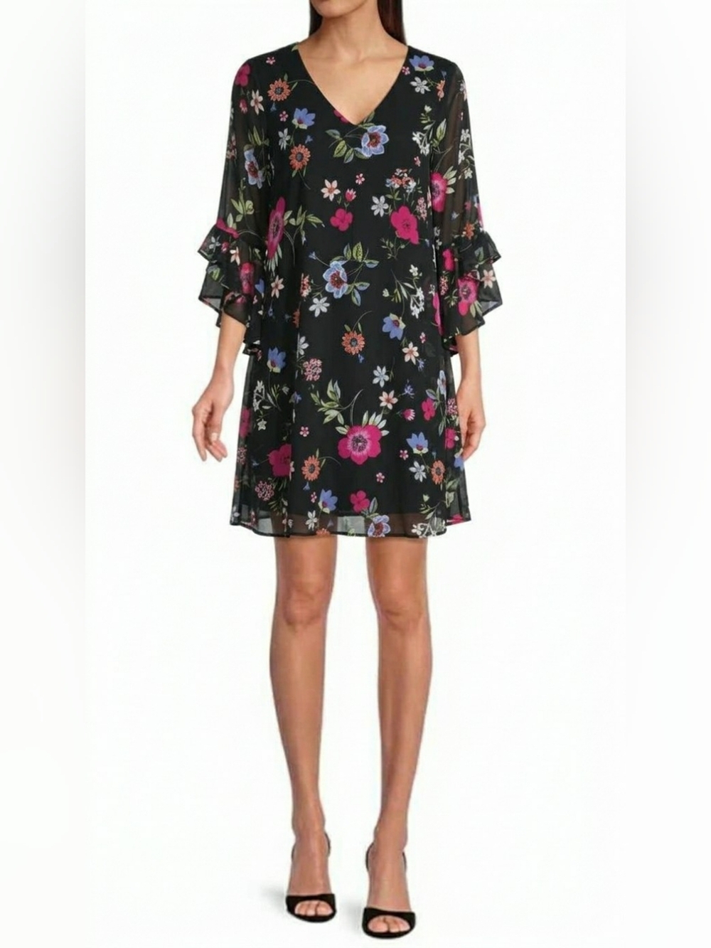 Calvin Klein Black Pink Floral Chiffon Shift Dress V-Neck Ruffle Bell Sleeve, 10